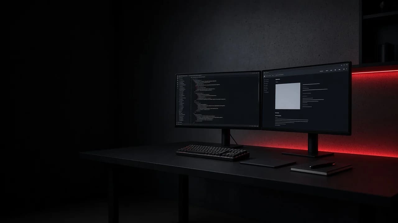 Empty creative developer studio — dual monitors, keyboard, and red accent light